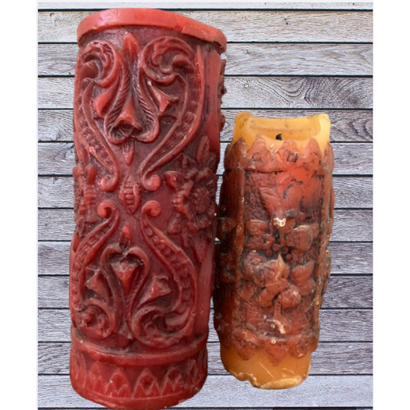 1970's FLORAL Carved Candles - Vintage Red & Orange Brocade Pillar Candles - Picture 4 of 6